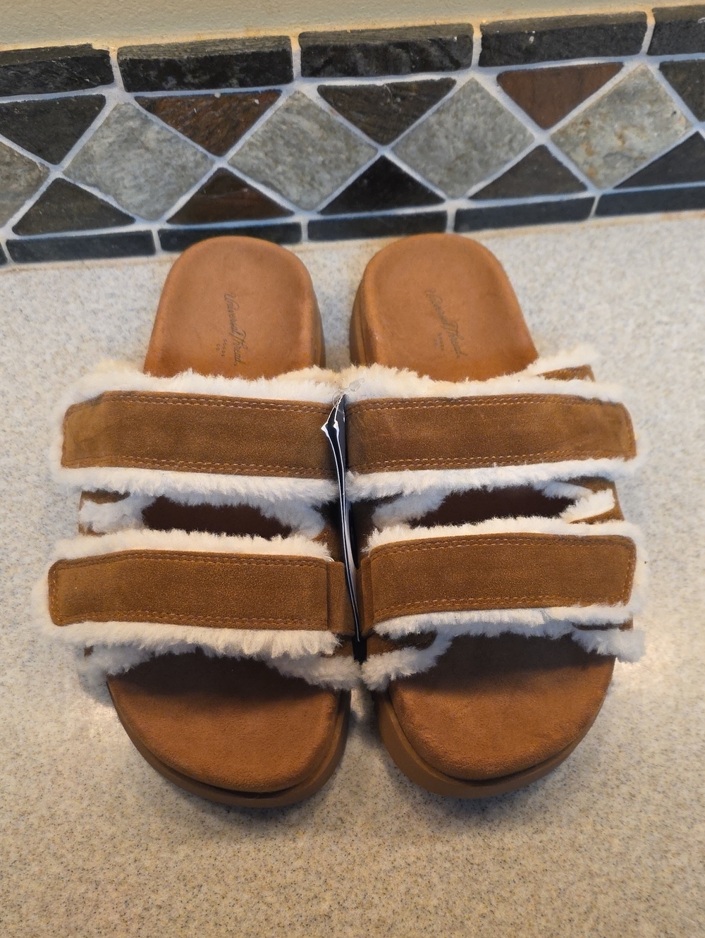 Women’s Suede Shearling Slide Sandals in Brown